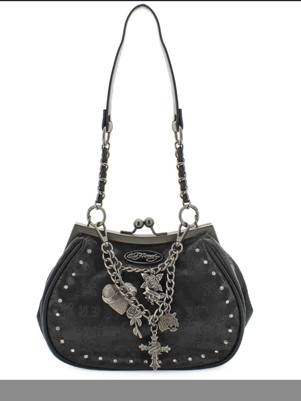 Ed Hardy Black Shoulder Bag with Silver Charm Chain